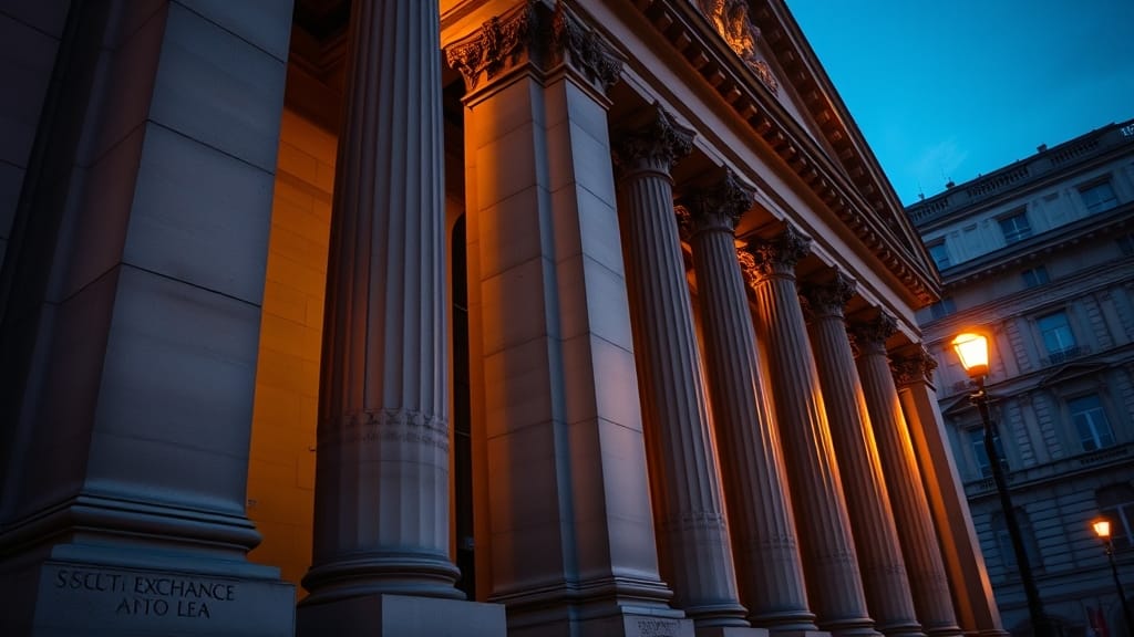 Façade en pierre d'une bourse européenne classique au crépuscule