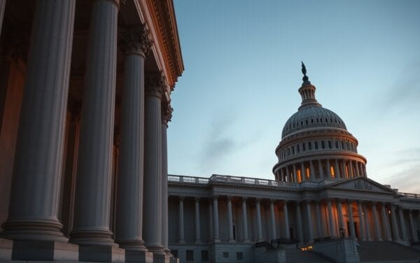 Le Capitole americain au crepuscule, symbole du vote senatorial sur la crypto