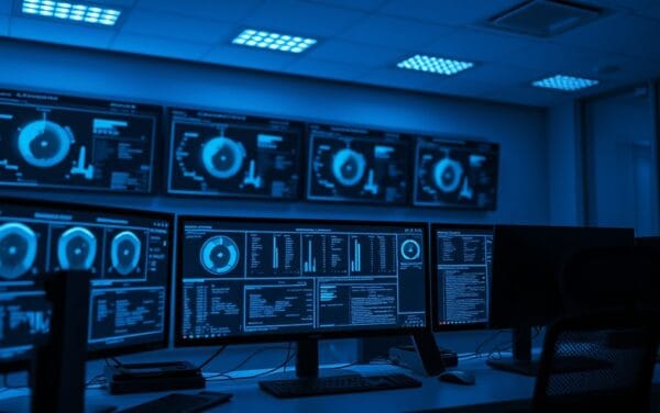 Centre de sécurité avec écrans bleus sombres et éclairage ambient