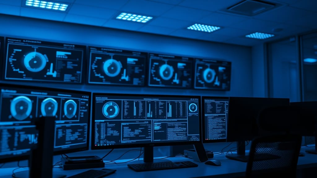 Centre de sécurité avec écrans bleus sombres et éclairage ambient