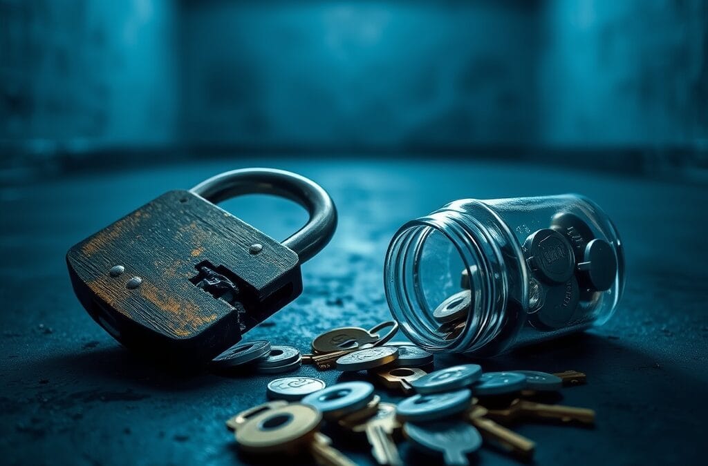 Cadenas brisé et pièces renversées sur sol en béton sombre