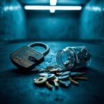 Cadenas brisé et pièces renversées sur sol en béton sombre