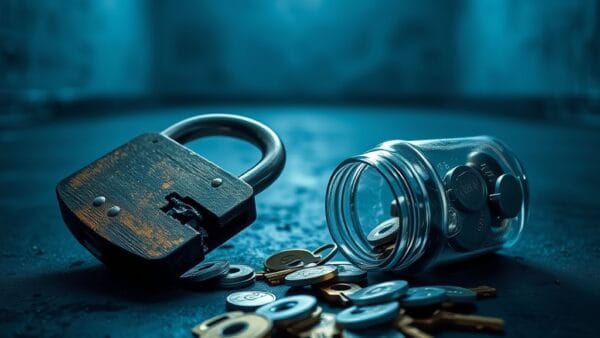 Cadenas brisé et pièces renversées sur sol en béton sombre