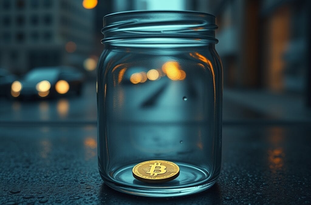 Piece doree au fond d un bocal en verre vide avec des lumieres de ville floues