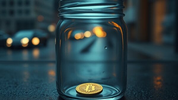 Piece doree au fond d un bocal en verre vide avec des lumieres de ville floues