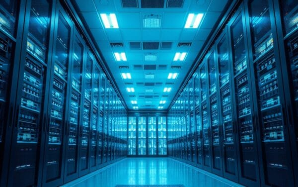 Salle de serveurs moderne avec rangées de baies illuminées en lumière bleutée