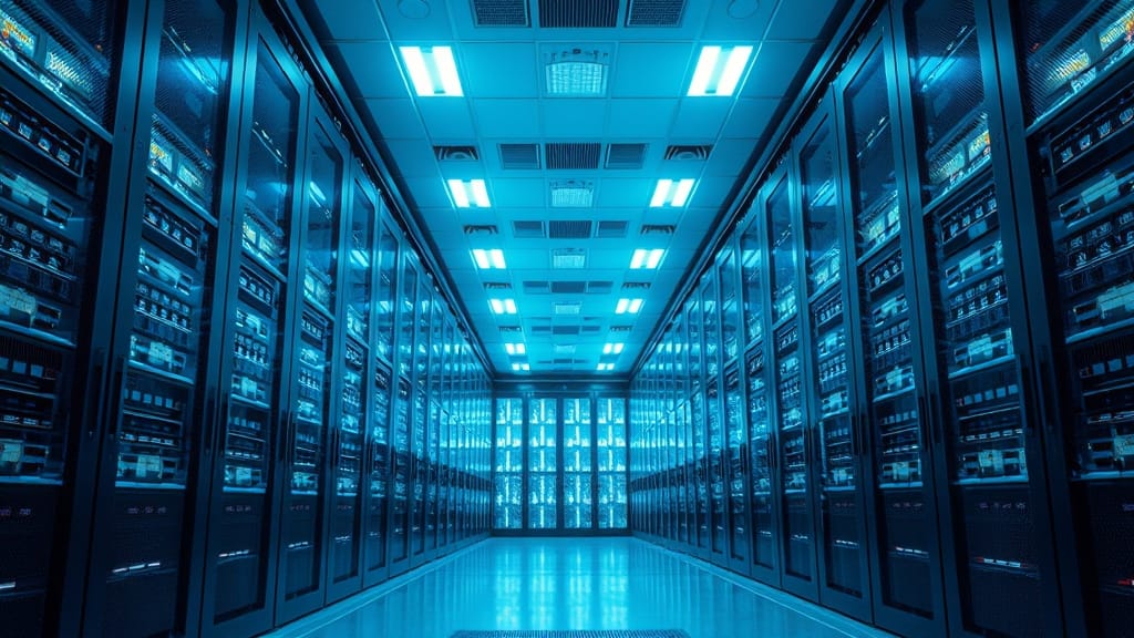 Salle de serveurs moderne avec rangées de baies illuminées en lumière bleutée