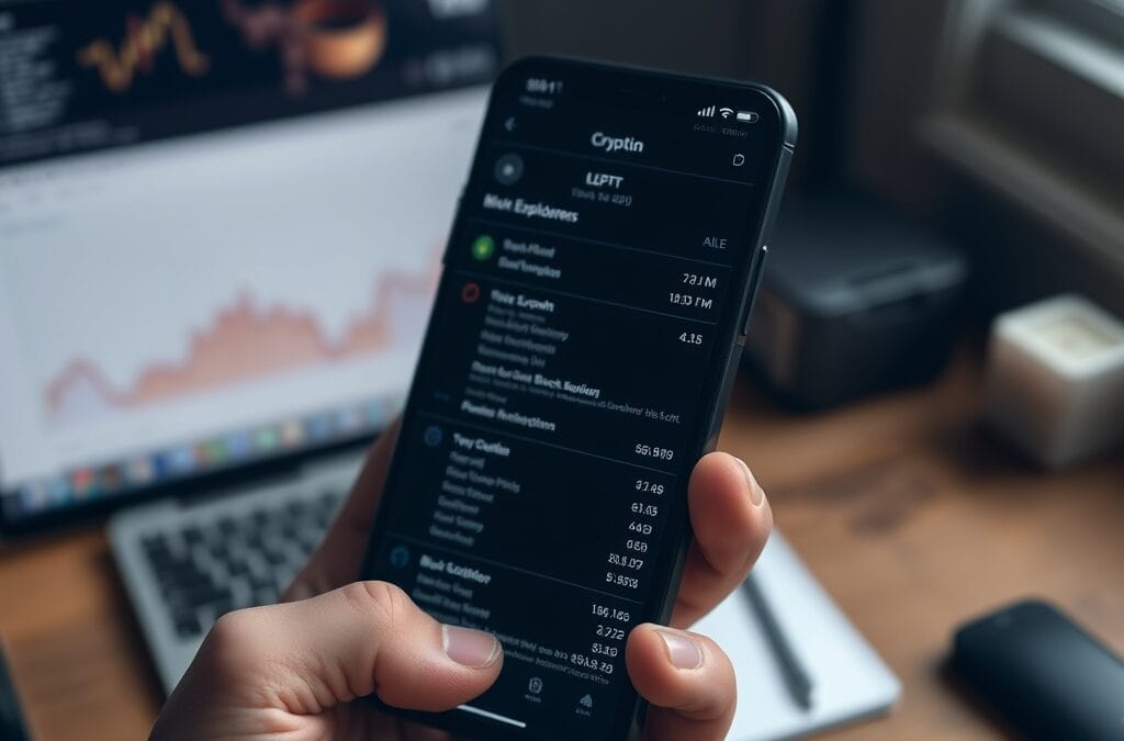 Main tenant un smartphone affichant une interface crypto sombre