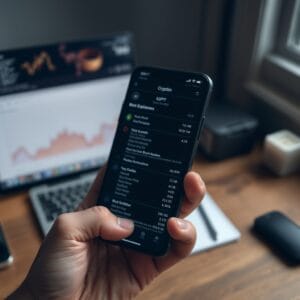 Main tenant un smartphone affichant une interface crypto sombre