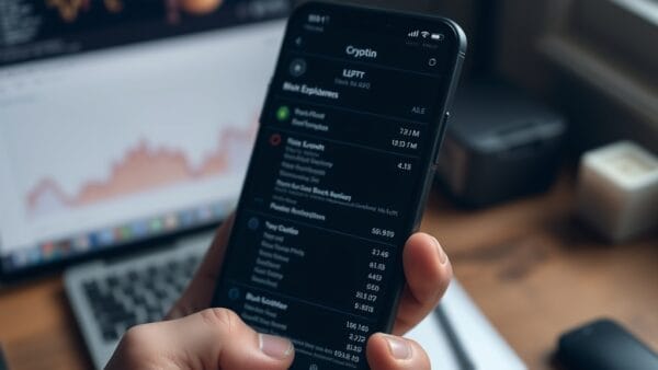 Main tenant un smartphone affichant une interface crypto sombre