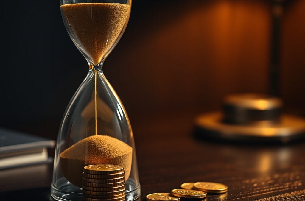 Sablier et pièces dorées sur un bureau chêne, lumière chaude éditoriale.