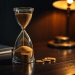 Sablier et pièces dorées sur un bureau chêne, lumière chaude éditoriale.