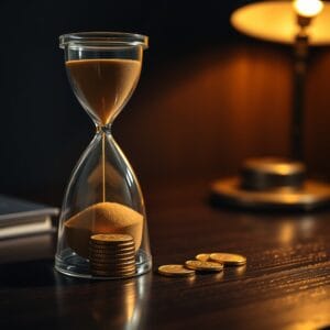 Sablier et pièces dorées sur un bureau chêne, lumière chaude éditoriale.