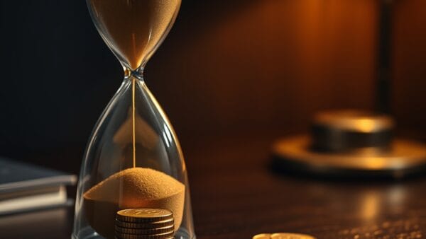 Sablier et pièces dorées sur un bureau chêne, lumière chaude éditoriale.