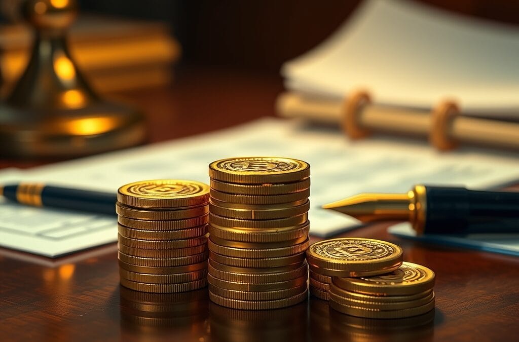 Pièces dorées empilées sur un bureau avec documents financiers en arrière-plan