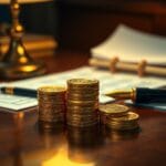 Pièces dorées empilées sur un bureau avec documents financiers en arrière-plan