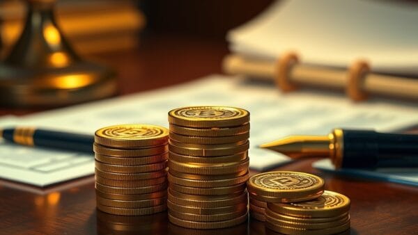 Pièces dorées empilées sur un bureau avec documents financiers en arrière-plan