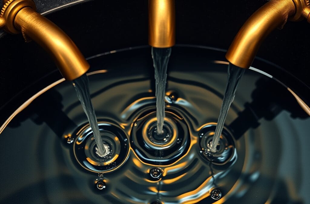 Trois robinets en laiton laissant couler de l eau simultanement dans un bassin en pierre