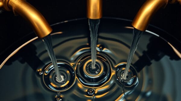 Trois robinets en laiton laissant couler de l eau simultanement dans un bassin en pierre