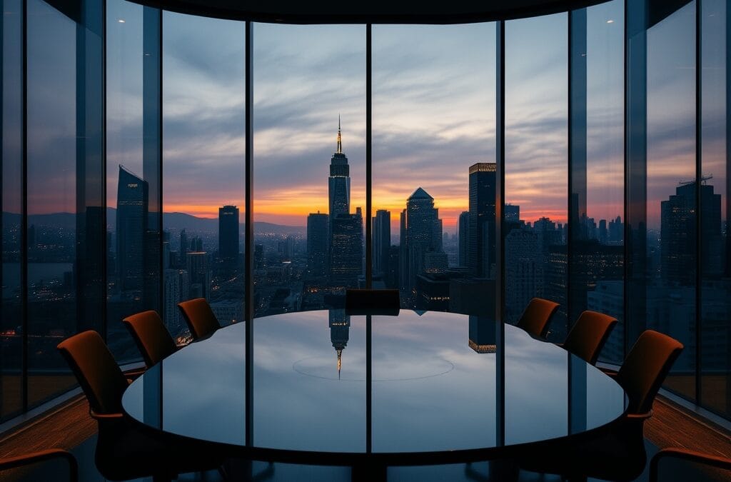 Salle de conférence vitrée moderne avec table ovale au crépuscule et skyline urbain en arrière-plan
