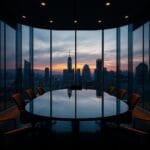 Salle de conférence vitrée moderne avec table ovale au crépuscule et skyline urbain en arrière-plan