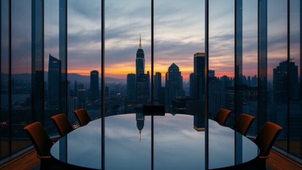 Salle de conférence vitrée moderne avec table ovale au crépuscule et skyline urbain en arrière-plan