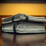 Pile de documents juridiques reliés sur une table de conférence en bois sombre avec un encrier en laiton