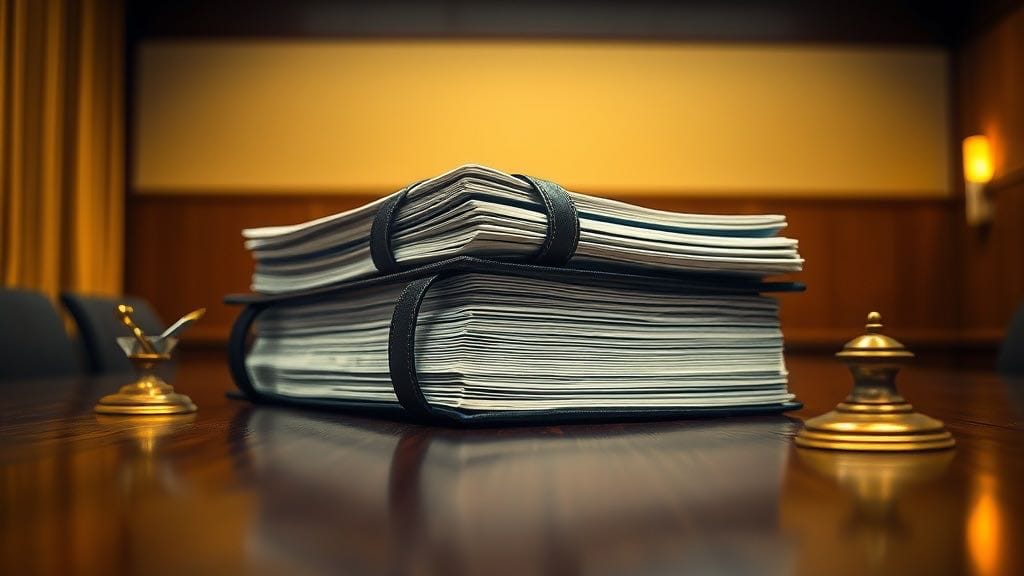Pile de documents juridiques reliés sur une table de conférence en bois sombre avec un encrier en laiton