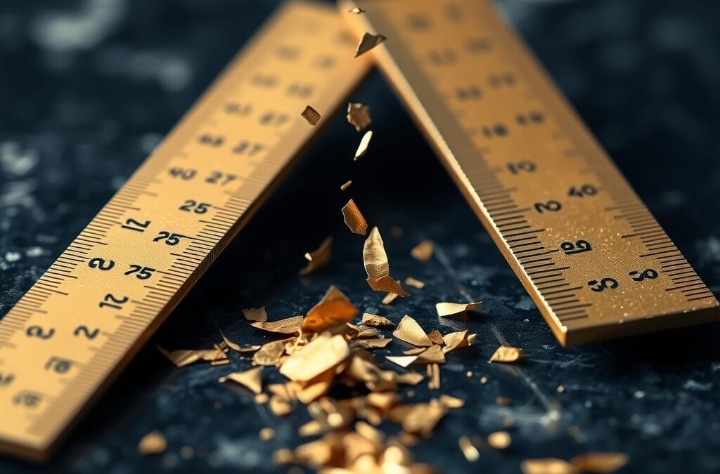 Regle en laiton se brisant en deux sur le bord d un bureau en granite sombre