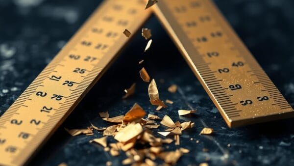 Regle en laiton se brisant en deux sur le bord d un bureau en granite sombre