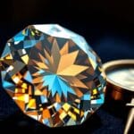 Diamant réfractant la lumière ambrée et bleue posé sur du velours sombre à côté d'une boussole en laiton