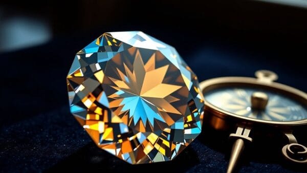 Diamant réfractant la lumière ambrée et bleue posé sur du velours sombre à côté d'une boussole en laiton