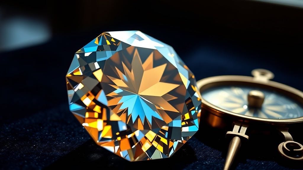 Diamant réfractant la lumière ambrée et bleue posé sur du velours sombre à côté d'une boussole en laiton