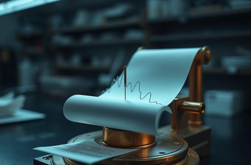 Aiguille de sismographe tracant des pics aigus sur papier depuis un instrument en laiton