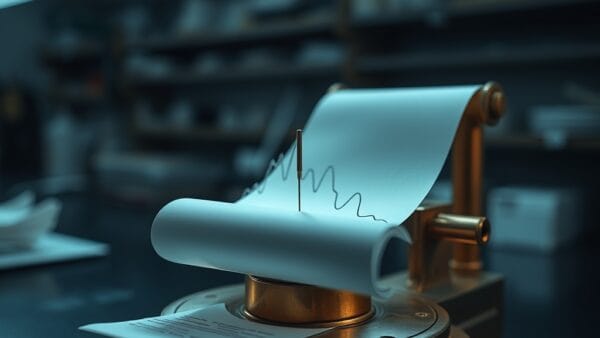 Aiguille de sismographe tracant des pics aigus sur papier depuis un instrument en laiton