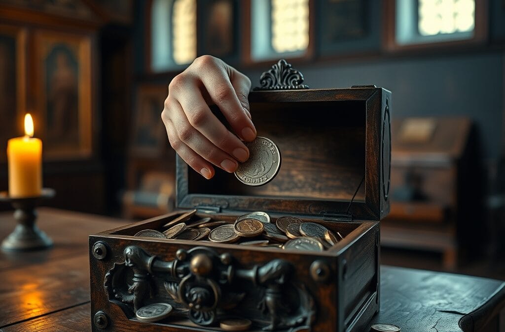 Mains déposant une pièce dans un coffre en bois rempli de pièces argentées