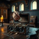 Mains déposant une pièce dans un coffre en bois rempli de pièces argentées