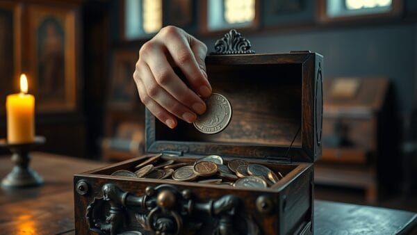 Mains déposant une pièce dans un coffre en bois rempli de pièces argentées