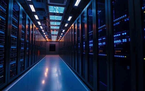 Salle de serveurs blockchain moderne avec baies bleutées et lumières LED
