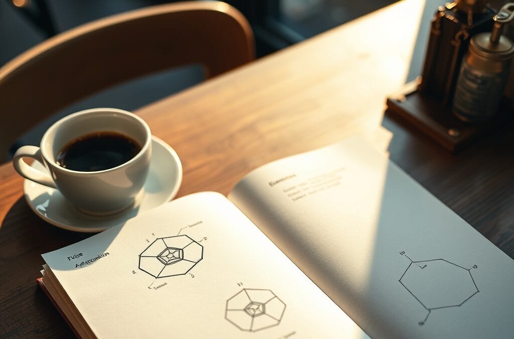 Carnet ouvert avec schémas hexagonaux et tasse d'espresso sur une table en bois