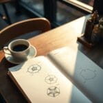 Carnet ouvert avec schémas hexagonaux et tasse d'espresso sur une table en bois