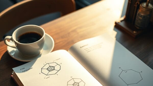 Carnet ouvert avec schémas hexagonaux et tasse d'espresso sur une table en bois