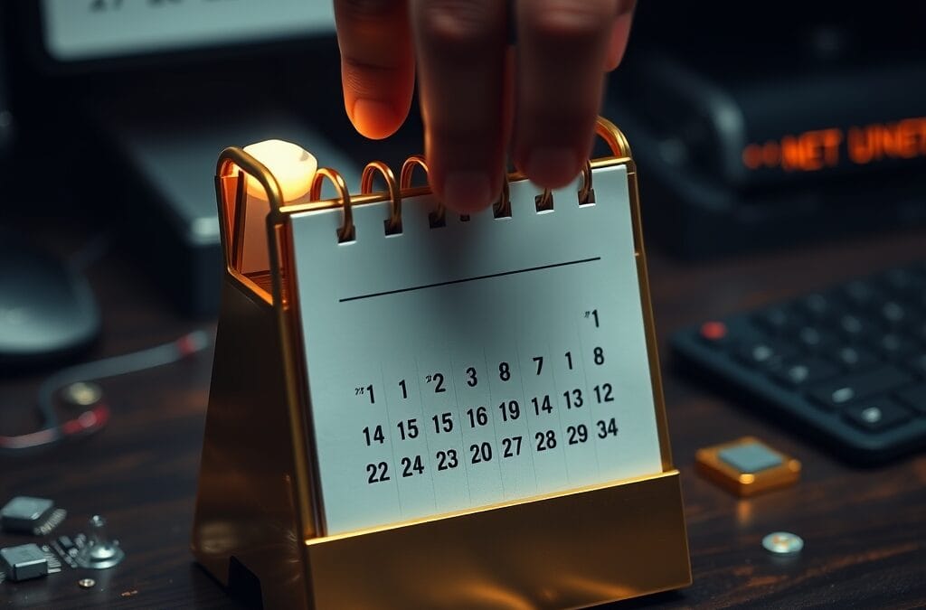 Calendrier en laiton dont les pages tournent sur un bureau avec composants électroniques