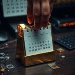 Calendrier en laiton dont les pages tournent sur un bureau avec composants électroniques
