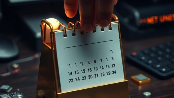 Calendrier en laiton dont les pages tournent sur un bureau avec composants électroniques