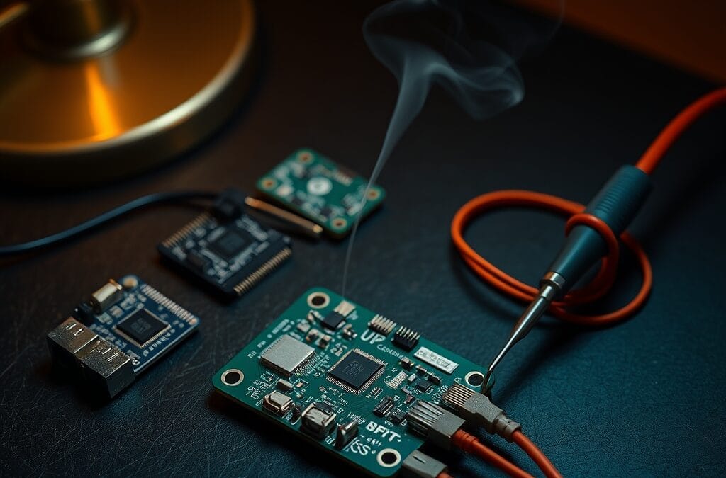 Cartes de circuits imprimes et cables en cuivre sur une surface en ardoise sombre