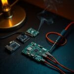 Cartes de circuits imprimes et cables en cuivre sur une surface en ardoise sombre