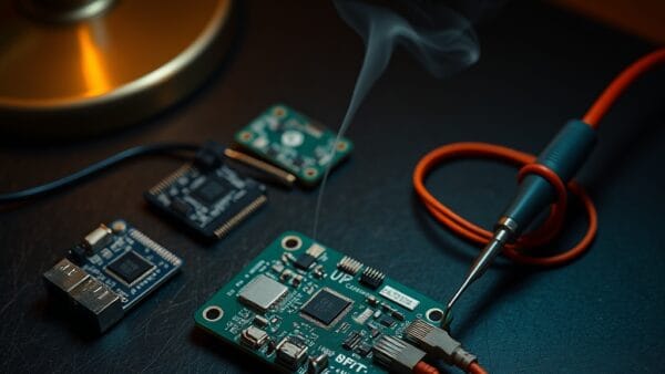 Cartes de circuits imprimes et cables en cuivre sur une surface en ardoise sombre