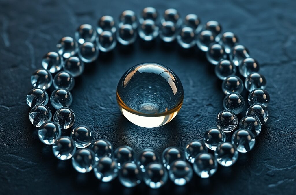 Billes de verre disposées en cercles concentriques sur ardoise sombre