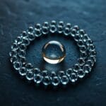 Billes de verre disposées en cercles concentriques sur ardoise sombre